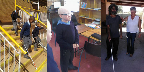3 photos. Two displaying blind children at the their school and the other one an adult with his O&M instructor, using their long canes