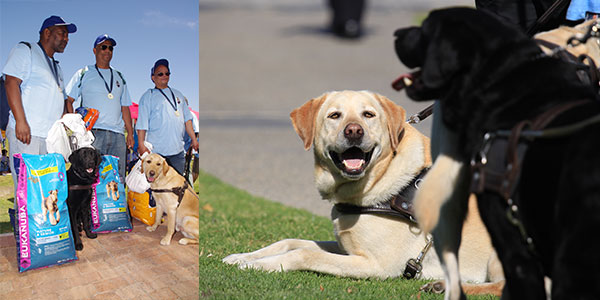 Long Cane Rally Participants with their guide dogs and the dog food that was donated.
