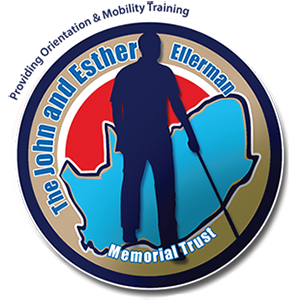 A visually impaired person walking with a long cane and the outline of South Africa in the background enclosed in a circle with the words 'The John And Esther Ellerman Memorial Trust'.